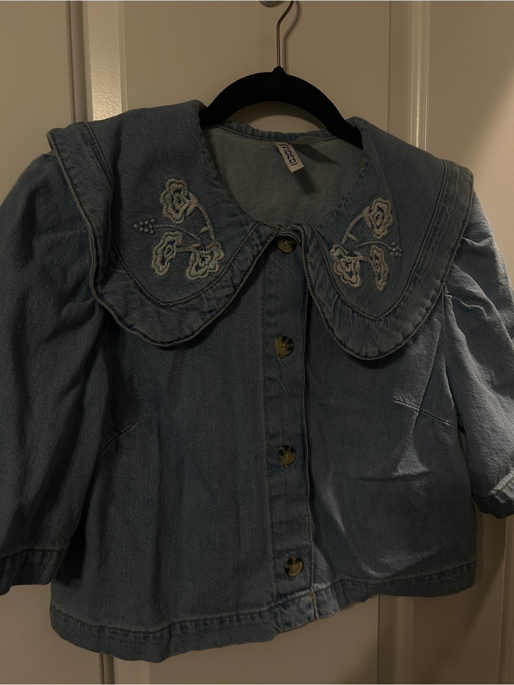 Divided Light Blue Denim Button-Up Top with Embroidered Peter Pan Collar